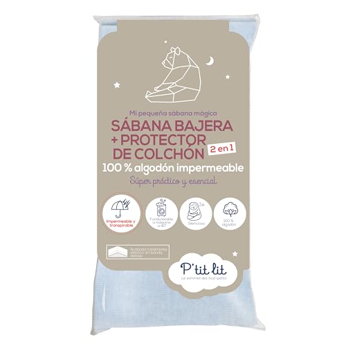 P'tit lit - Protector de colchón de cuna 2 en 1 | Protector de colchón + Sábana bajera 60x120 cm | Impermeable - 100 % algodón - Suave y silencioso - Transpirable - Oeko Tex - Gris