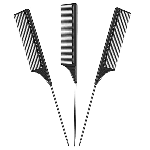 3 Pack Salon Hair Comb Set - Pintail & Stainless Steel Handle, Anti-static & Heat Resistant Carbon Lift Teasing Combs for Home