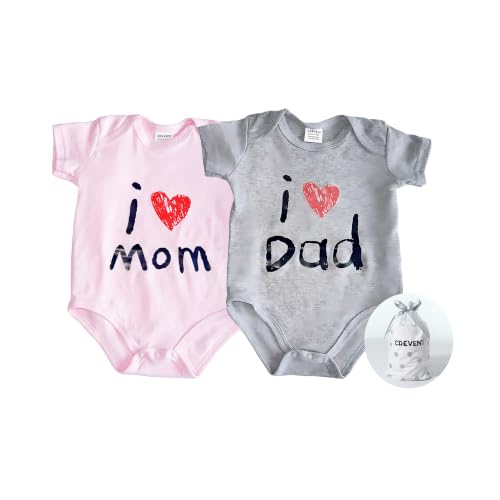 Image of CREVENT Set for Newborns 0-3 Month 100% Cotton Bodysuit- I Love Dad & Mom Onesie 2 Packs (Grey & Pink Rompers with a Gift Bag)