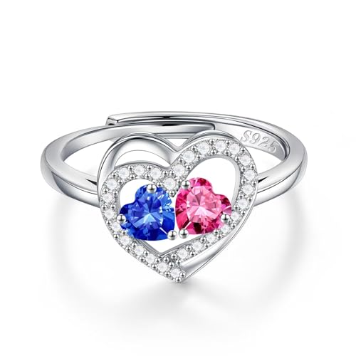 Iefil Adjustable Ring for Women - 925 Sterling Silver Double Birthstone Rings, Anniversary Birthday Gifts for Women Wife Her