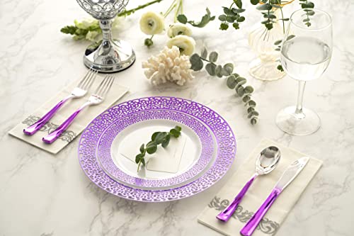 Fomoica Purple Plastic Plates And Purple Silver Silverware - 125 Piece Disposable Premium Plastic Dinnerware Set – Dinner Plates, Forks, Spoons, Knives – Birthday Parties, Wedding, Halloween Christmas #TOP2