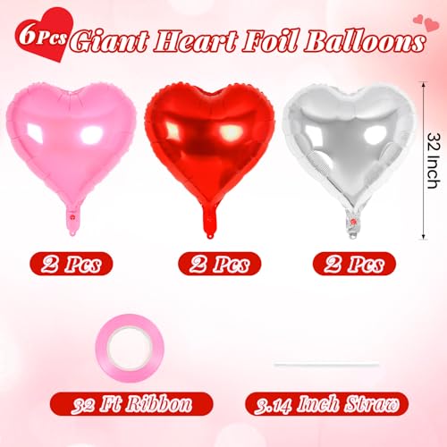 Image of 6 Pcs 32 Inch Red Pink Silver Heart Balloons, Giant Heart Shape Foil Balloons Love Balloon Valentine Balloon for Birthday Party Wedding Engagement Party Baby Shower Valentine Day Decorations