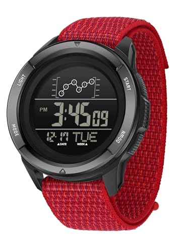 Gosasa Men's Digital Sports Watch with Velcro Buckle, Military Style Nylon Strap, Waterproof 5ATM Outdoor Tactical Watch with Dual Time, Alarm, Stopwatch, Backlight (Red)