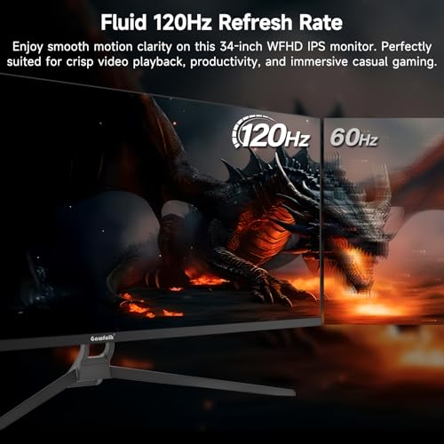 Gawfolk UltraWide Monitor 34 Zoll IPS, Gaming PC Bildschirm 120Hz DFHD(2560×1080P), 21:9 Rahmenloses Computerbildschirm mit FreeSync, HDMI, DisplayPort, VESA 75 * 75mm, Schwarz
