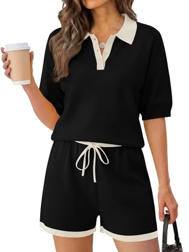 Image of Tankaneo Womens 2 Piece Short Sets Short Sleeve Knit Tops Vacation Outfits | Sweater Fabric, 2026 Summer, Collared, Matching Lounge Set
