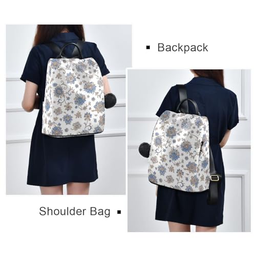 Sac à dos imprimé floral bleu à poches multiples et porte-clés pompon chic