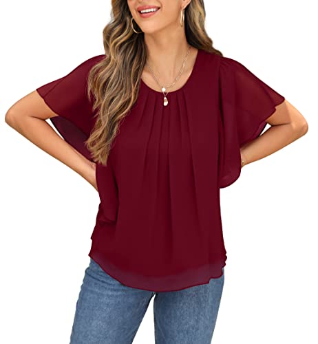QIXING Summer Casual Loose Round Neck Chiffon Flowy Tops Blouses for Women3