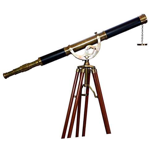 Decorative Nautical Telescope Floor Standing Brass Telescope Adjustable Teak Wood Tripod Antique Leather- Harbor Master