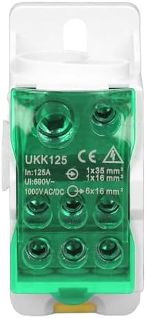 DIN Rail Distribution Box 690V 125A Universal Terminal Block with Fireproof PA66 Housing Brass Connectors for Power Distribution Cabinets(Green)
