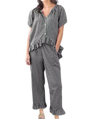 Image of codcm Womens Gingham Pajama Set 2 Piece Short Sleeve Babydoll Shirt and Pants Lounge Set Cute Sleepwear