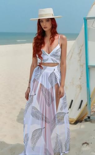 Image of Women Sexy 2 Piece Outfits Dress Chiffon Strap Deep V Neck Bra Crop Top High Split Maxi Dresses Skirt Set