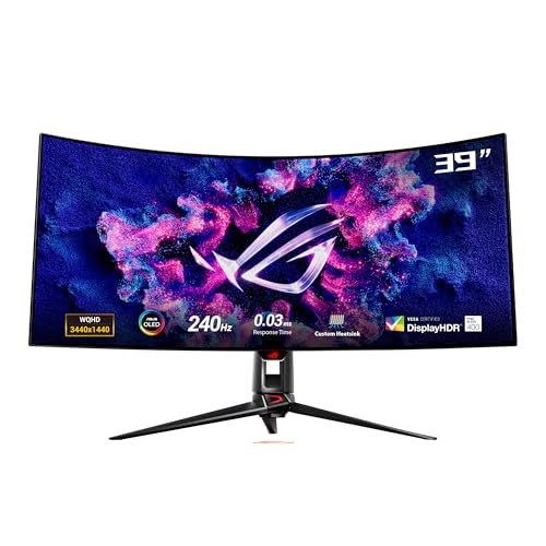ASUS ROG Swift OLED PG39WCDM - 39 Zoll UWQHD Curved Gaming Monitor - 240 Hz, 0.03ms GtG, G-Sync, FreeSync, AdaptiveSync, 10-bit, DisplayHDR 400 - KVM, 21:9, 3440x1440, DP 1.4, HDMI 2.1, 90W USB-C, USB
