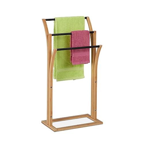 Relaxdays Porte-Serviettes, Bambou, 3 Barres, H x L x P: 82 x 42 x 24 cm, Support Serviettes Salle de Bain, Nature/Noir