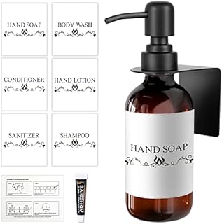 Amber Glass Bottle Wall Mounted, Soap Dispenser with Stainless Steel Pump Holder Without Drilling Waterproof Labels Adhesive, 250ml Refillable Hand and Dish Soap Bottle Shampoo for Kitchen Bathroom