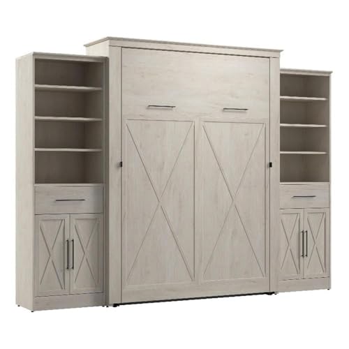 Bestar Key West Queen Murphy Bed and Closet Organizers with Doors and Drawers (119W) Space-Saving Sleeping Arrangement for Multipurpose Area, Bedroom, Guest Room, or Living Room in Linen White Oak