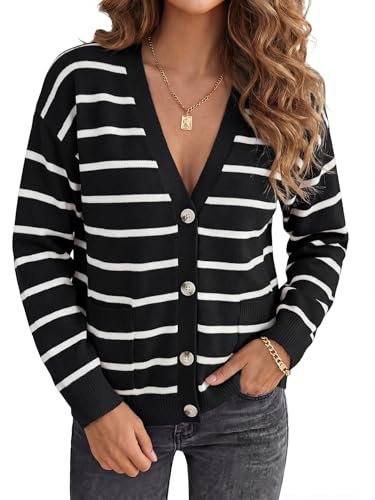 Image of Vrtige Women's Casual Striped Button Open Front V Neck Long Sleeve Knit Lightweight Cardigan Sweater