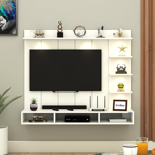 Image of Anikaa Tyron Engineered Wood Wall-Mount TV Unit with PVC Back Panel & LED Lights | TV Cabinet with Storage Box & Decorative Shelves (White) | Ideal for TVs up to 55 Inch | DIY Installation