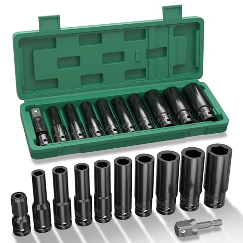 KeZaara 1/2 Juego de Llaves de Vaso, Vasos de Impacto 11 Piezas, 10-24mm, con 2 Adaptador de Dado 1/4, para Reparación de Automóviles y Sustitución de Neumáticos