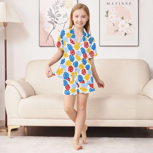 Red Blue Yellow Monstera Leaves Pattern Summer Satin Pajama Set, Cute Button-Down Sleepwear Pj Set for Sleep Wears3