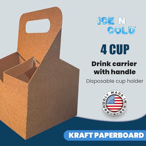 C-Store Packaging 4 Cup Drink Carrier with Handle | Kraft Paperboard Holder Disposable for Hot or Cold Drinks Food Delivery Services, Uber Eats, Door Dash (10)
