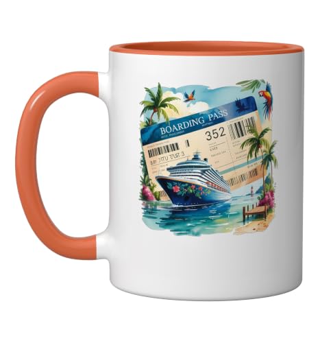 Tropical Cruise Ship Voyage Ticket Island Scene Ceramic Mug, Orange/White