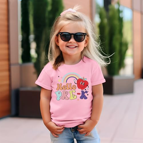 SOFEON Hello Pre-K Shirts Toddler Girls Back to School T-Shirt Apple Rainbow First Day of School Outfits Pre-K Gift Tee Tops(Pink,4-5T) - Image 4