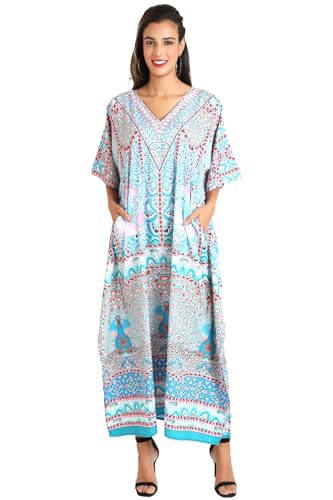 Image of Miss Lavish London Kaftan Dresses for Women Plus Size Long Batwing Sleeve Caftans, V Neck Moo Moo Printed Beach Cover Up Maxi Beach Dress, Bathing Suit Cover-Up Loungewear