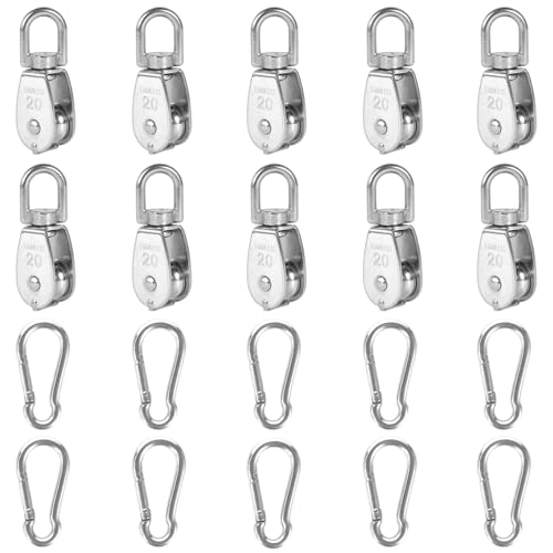 10x 304 Stainless Steel M20 Single Swivel Rope Pulley Blocks w/Snap Hooks