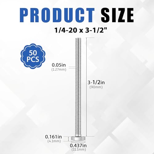 Image of Zonon 50 Pcs 1 /4-20 x 3-1 /2 inch Hex Head Screw Bolt 18-8 (304) Stainless Steel Hexagon Bolts, Fully Threaded, Plain Finish, External Hex Drive (Silver)