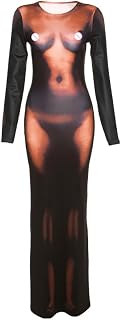 Y2K 3D Body Print Maxi Dress Women Aesthetic Long Sleeve Unique Sexy Body-Shaping Robe Party Clubwear Clothing