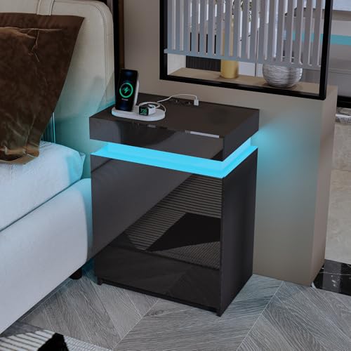 Komtopod Nachttisch Schwarz, Nachtschrank mit Led, Nachtkommode mit 3 Schubladen, Hochglanz für Wohnzimmer, Schlafzimmer, 45x35x67cm