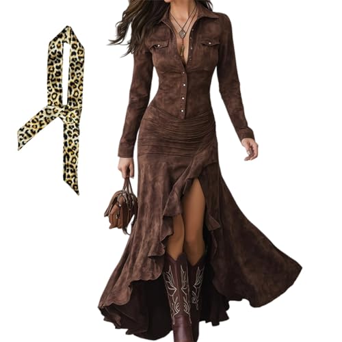 Robe western vintage en suédine pour femme, robe maxi à col en V avec boutons, manches longues, style cowgirl western en faux suédine, marron foncé, XXS