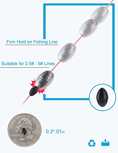 Beoccudo Bobber Stops para línea de pesca, 600 piezas, paradas de peso, color negro, forma ovalada de goma miniatura 2