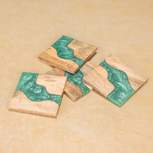 Image of Ireka Home Blue Wave Coasters (Set of 4) - Mango Wood & Turquoise Blue Resin, Coastal Tranquility Design - Elegant Kitchen & Coffee Table Decor for Coffee Cups, Mugs & Glasses
