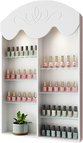 Estante de pared para esmaltes de uñas de madera blanca con silueta de casa y repisa de perfume 2