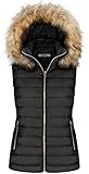 BodiLove Women's Zipper Cuffed Sleeve Neckline Padded Quilted Faux Fur Hooded Vest