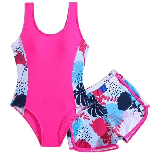 Xumplo Traje de baño de una pieza para niñas adolescentes con pantalones cortos y estampado floral, rosso, 3-4 años