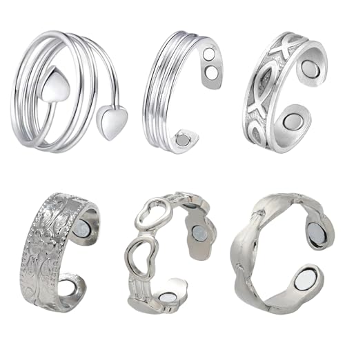 MLPKOI 6 pcs Anillos De Terapia Magnética, Anillo Magnético de Drenaje Linfático y Desintoxicación Anillo Abierto para Hombre y Mujer Anillo Antiestrés