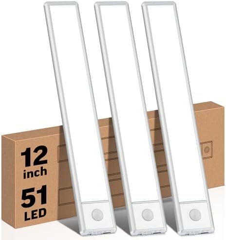 YLXS 51-LED Motion Sensor Under Cabinet Light, 12-inch Magnetic Rechargeable Under Counter Closet Lights, Wireless Night Light Bar, 3-Pack, Cool White
