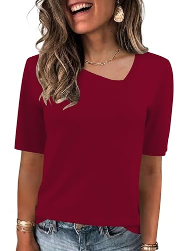 Rapbin Cute Summer Tops for Women 2026 Wine Red Shirt Womens Blouses Dressy Casual Short Sleeve Sweater Fashion Asymmetrical Neck Work Shirt M