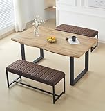 Hallowood Furniture Cullompton Large Dining Table and Bench Set of 2, Live Edge Effect Top and U-Shaped Metal Leg Dining Table with Benches in Brown Faux Leather Seats for Home or Cafe
