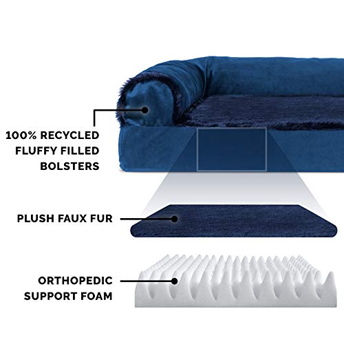 Image of Furhaven Orthopedic Dog Bed for Large /Medium Dogs w / Removable Bolsters & Washable Cover, For Dogs Up to 55 lbs - Plush & Velvet L Shaped Chaise - Deep Sapphire, Large