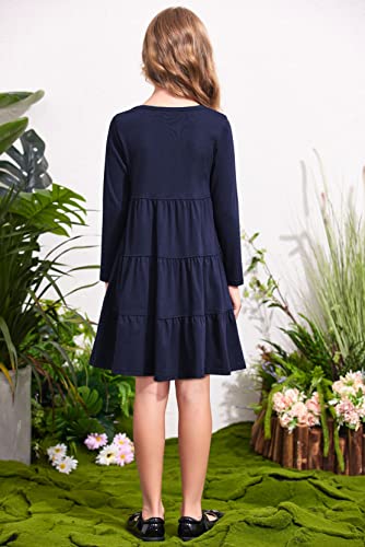 Arshiner Girls' Super Soft Cotton Long Sleeve Tiered Dress, Dark Blue, 120(Age For 5-6Y) #TOP4
