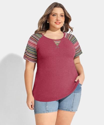 Image of CARCOS Plus Size Tops for Women Short Sleeve Shirt Summer Star /Leopard /Tie Dye /Flower Crewneck Pullover Tunic XL-5XL