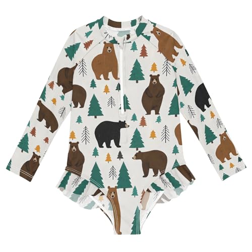 ALAZA Swimsuit for Girls Long Sleeve Rashguard Bathing Suit Bear Forest Quick Dry 4T