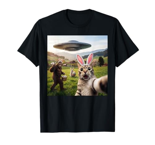 Funny Cat Selfie with Easter Bunny Bigfoot UFO for Men Women T-Shirt