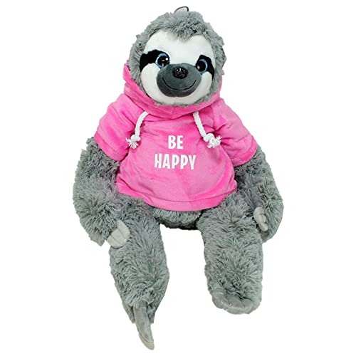 BEMIRO Faultier Kuscheltier mit Pullover - rosa Be Happy- ca. 40 cm, Kuscheltier mit Pulli, Kletthände zum anhängen, Plüschtier mit Hoodie