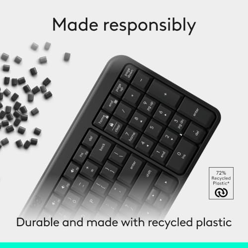 Image of Logitech K250 Bluetooth Keyboard with Numpad, Easy Connectivity, Compact Wireless Keyboard Made with Recycled Plastic, Spill-Resistant, Comfortable Keys - Windows /MacOS - Graphite