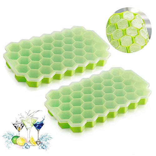 Ice Cube Trays with Lids, Qinbin 2Pack (74 Ice Cubes) Silicone Ice Cube Molds for Whiskey Storage, Cocktail, Beverages
