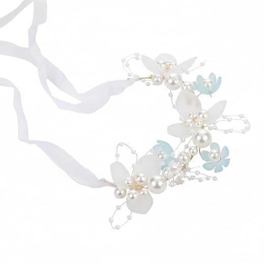 Pulseira ou Tiara Infantil Fada com Pérolas e Flores, Acessório para Festa e Daminha, Branco e Azul